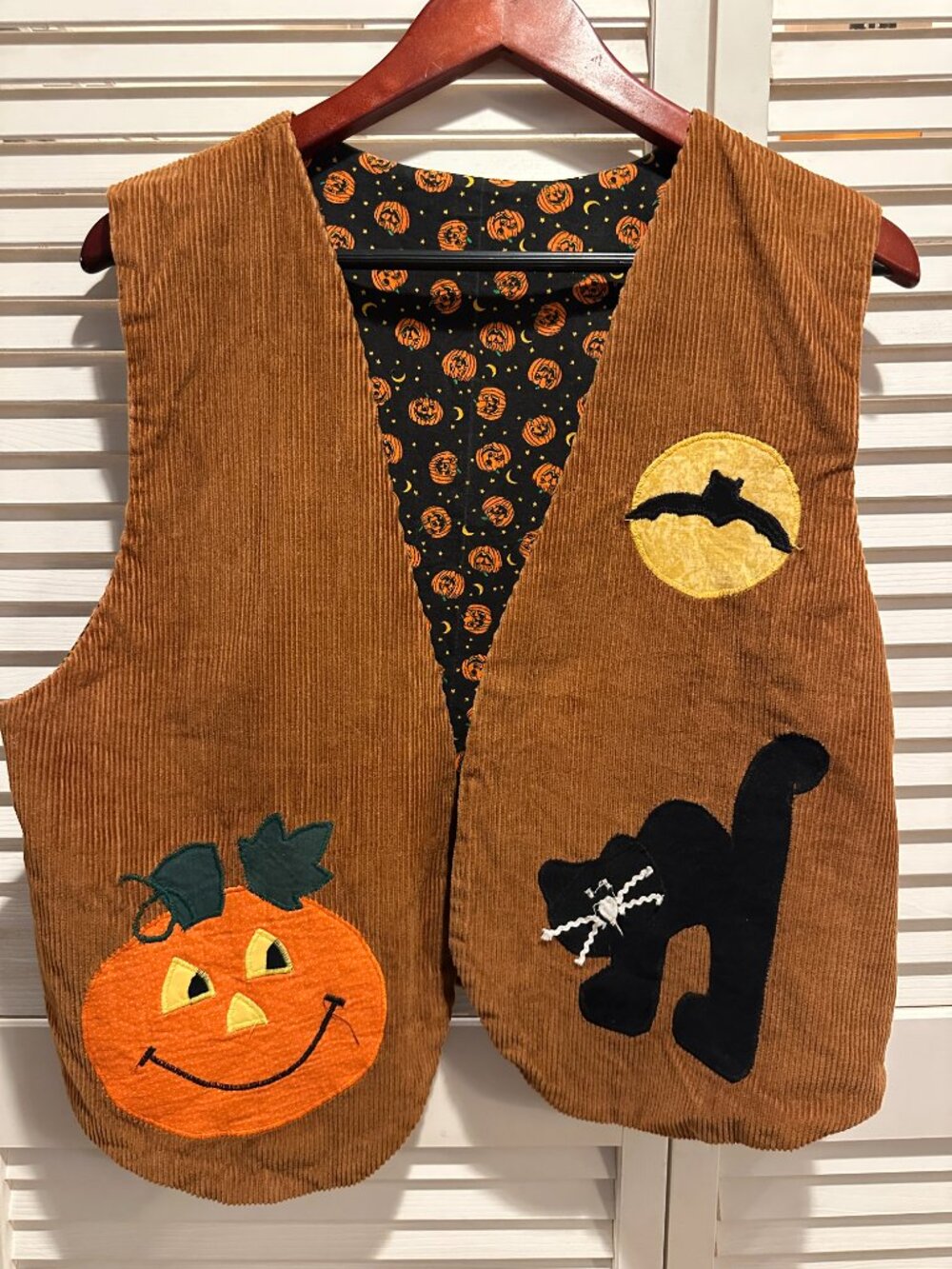 Vtg 90s Halloween Reversible Corduroy Vest Black Cat Pumpkin Applique Handmade
